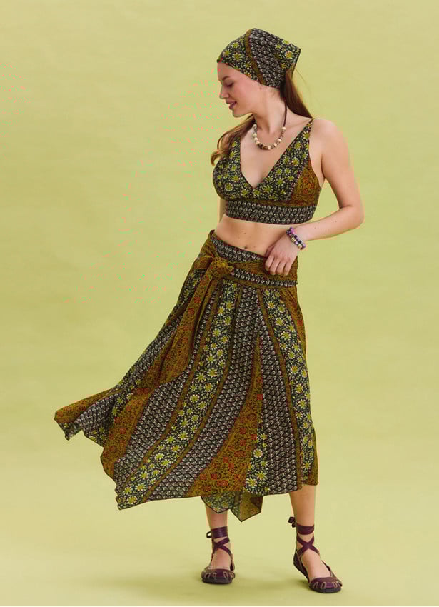 Green Patterned Asymmetrical Skirt with Gipe Detail and Tied Waist 4503